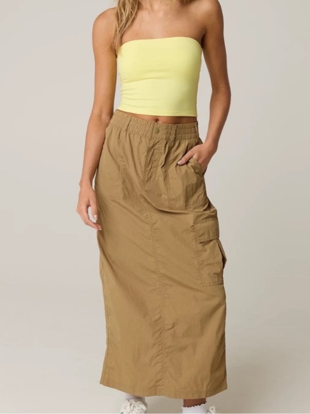 Aerie Offline size Medium Nylon Cargo Maxi Skirt Tan Lightweight Pockets